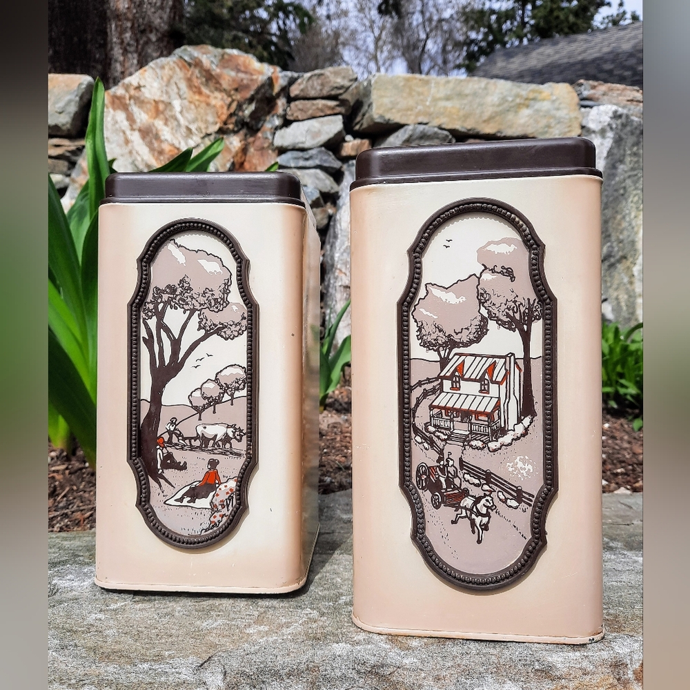 Vintage MCM EKCO Canada Canister Set - Farm Life Scenes Metal Tin 2 Piece